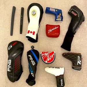 Assortment of golf grips and headcovers